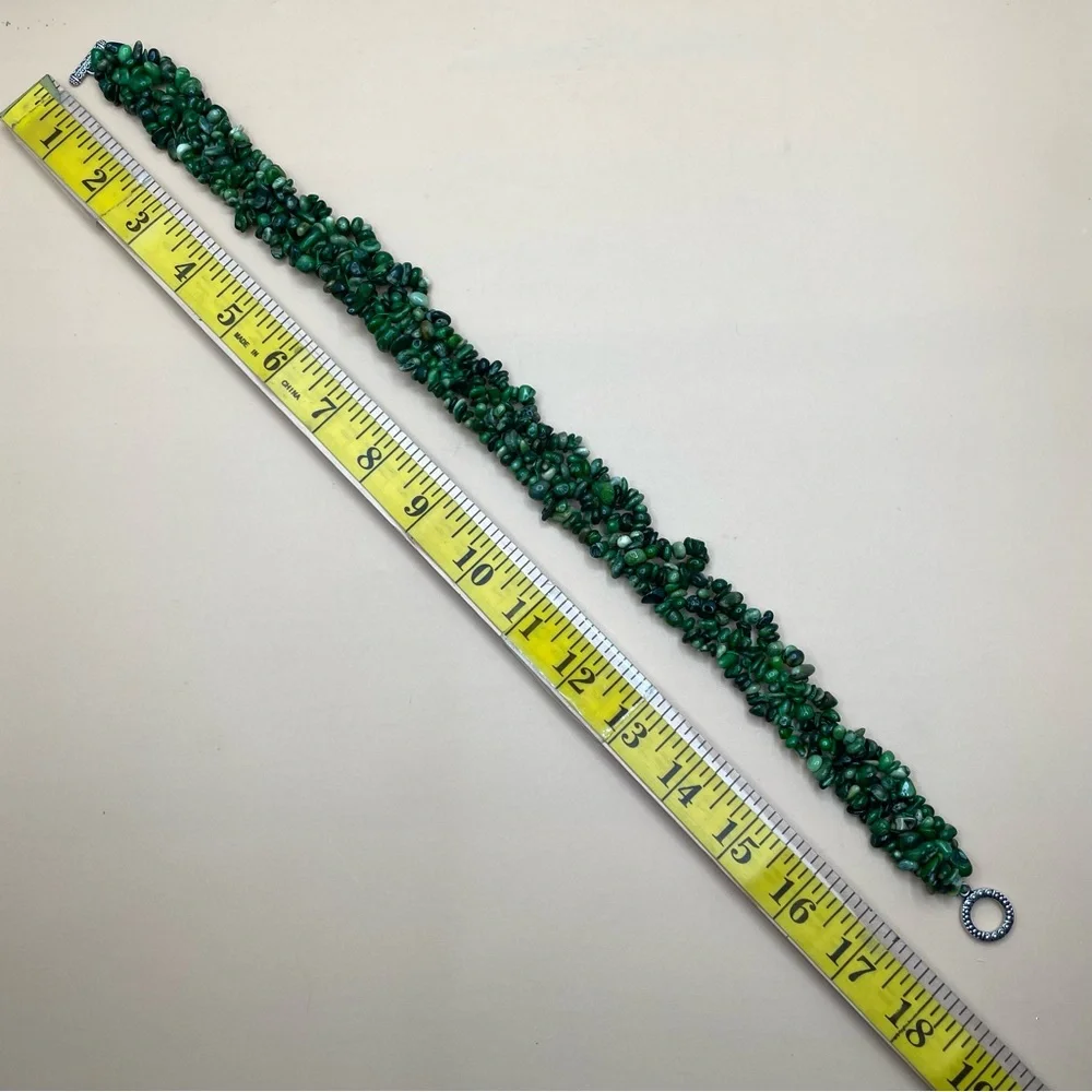 Beautiful Unsigned Green Jasper Multi Layer Statement Necklace Silver Tone